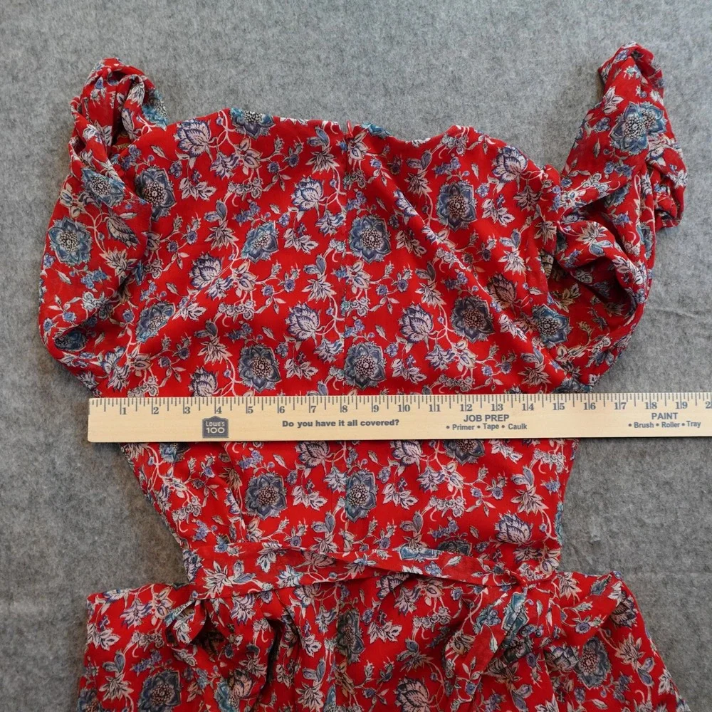 Ralph Lauren Dress Womens 4 Petite Red Floral Fit Flare Midi Georgette Puff Slv - Picture 9 of 11